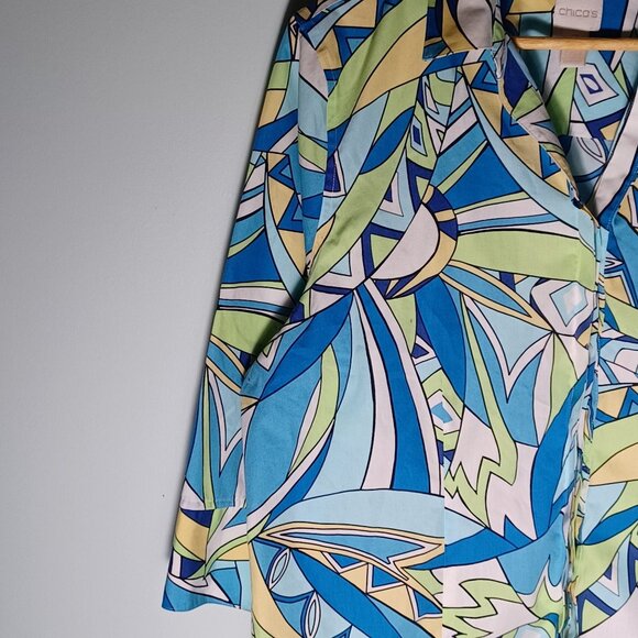 Chico's Button Up Top Womens 3 Artsy Colorful Geometric Resort Abstract Beachy - Picture 3 of 9